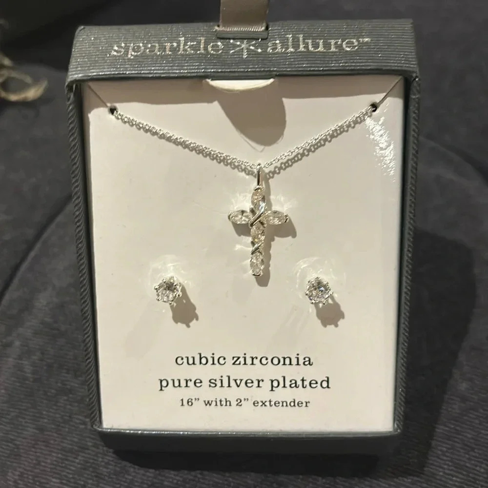 Sparkle Allure cubic zirconia silver cross bling pendant neck lace earrings